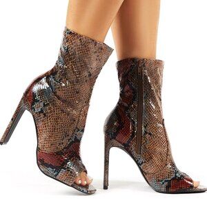 Multi Color Snakeskin Open Toe Booties